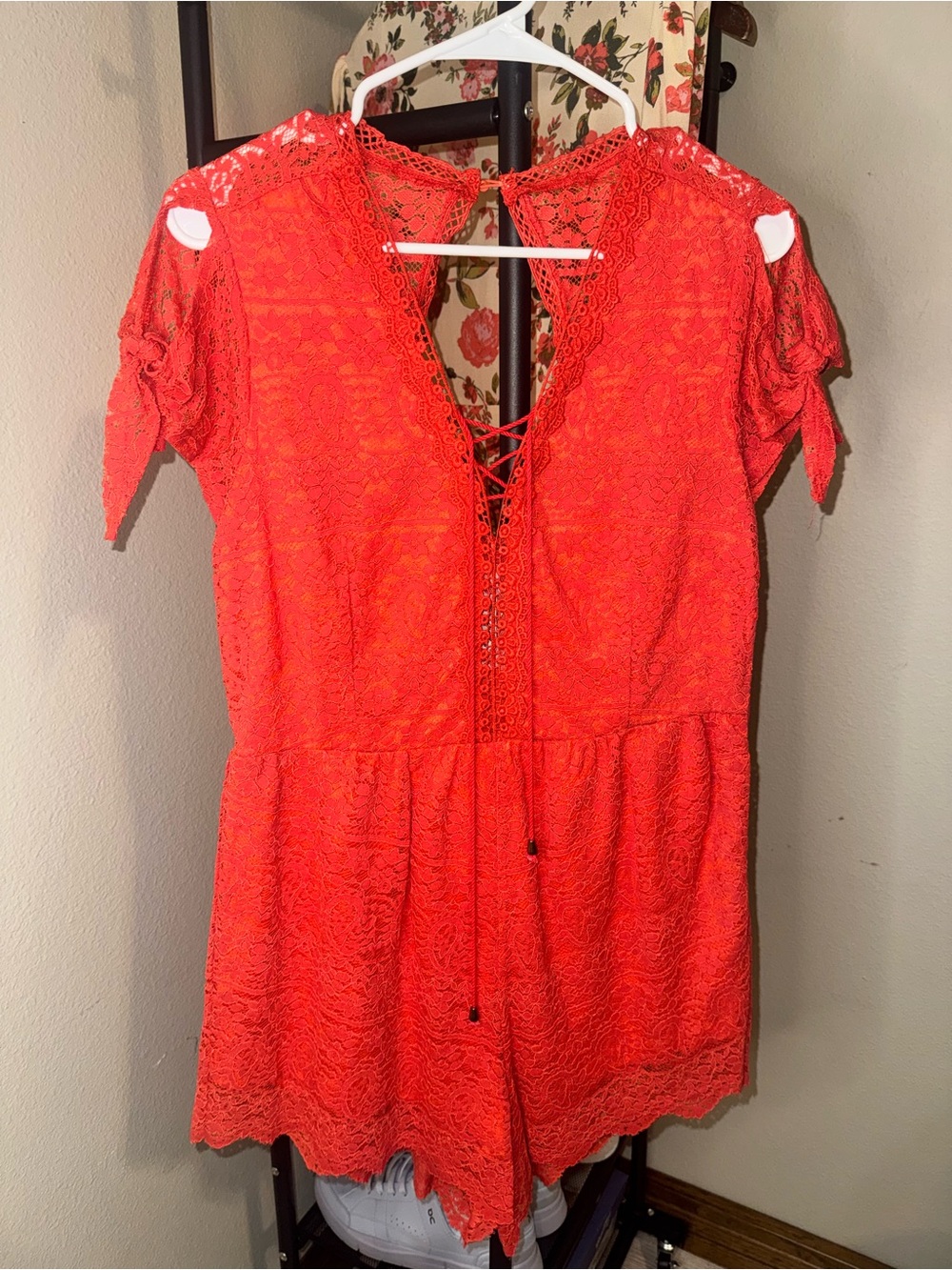 Ultra Pink Lace Short Sleeve Romper with Lace-Up V-Neck paid over 80 worn once